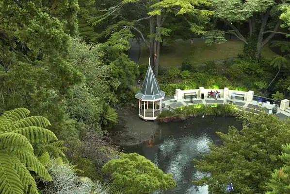 An aerial shot of a whimsical looking building nestled amongst lush greenery by a large body of water in the Wellington Botanic Garden.