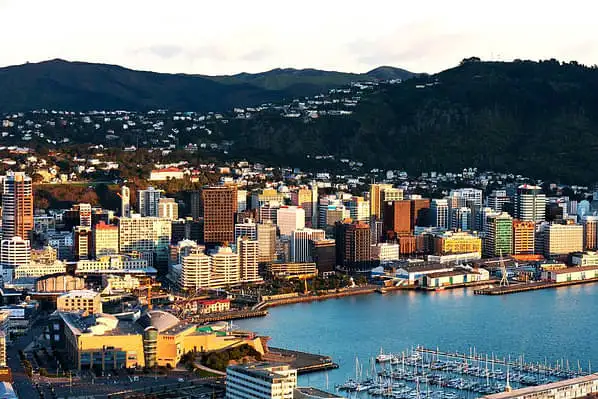 An shot of Wellington city and its serene waterfront. The photo has been taken from somewhere up high on the outskirts of the city. 