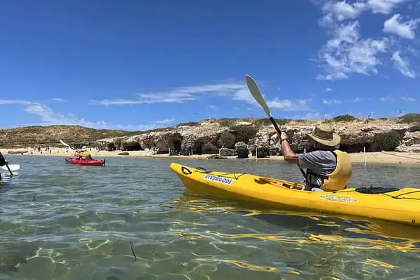 A group of kayakers paddling along the calm waters of Perth's coastline.