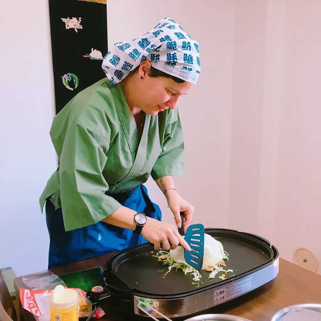 Cook Okonomiyaki,a side dish and Miso soup and enjoy with local Sake!