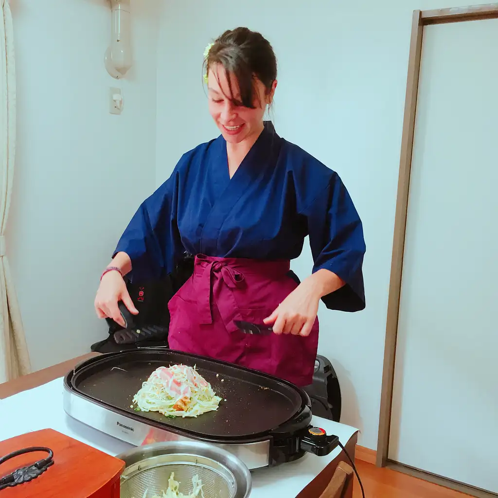 Cook Okonomiyaki,a side dish and Miso soup and enjoy with local Sake!