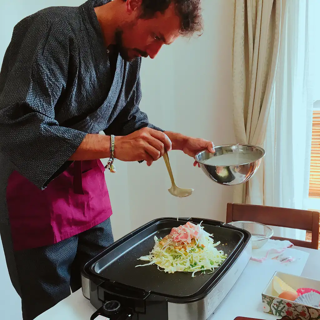 Cook Okonomiyaki,a side dish and Miso soup and enjoy with local Sake!
