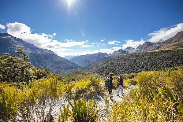 Two backpackers walking along a scenic track through one of New Zealand's mountainous landscapes.
