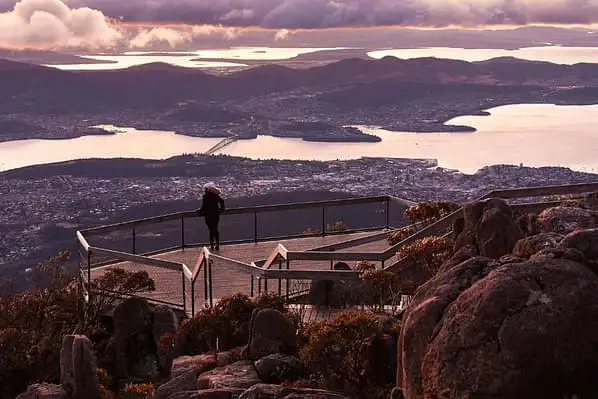 an aerial view of Hobart and the bodies of water surrounding it, taken from the kunyanyi (Mount Wellington) lookout.